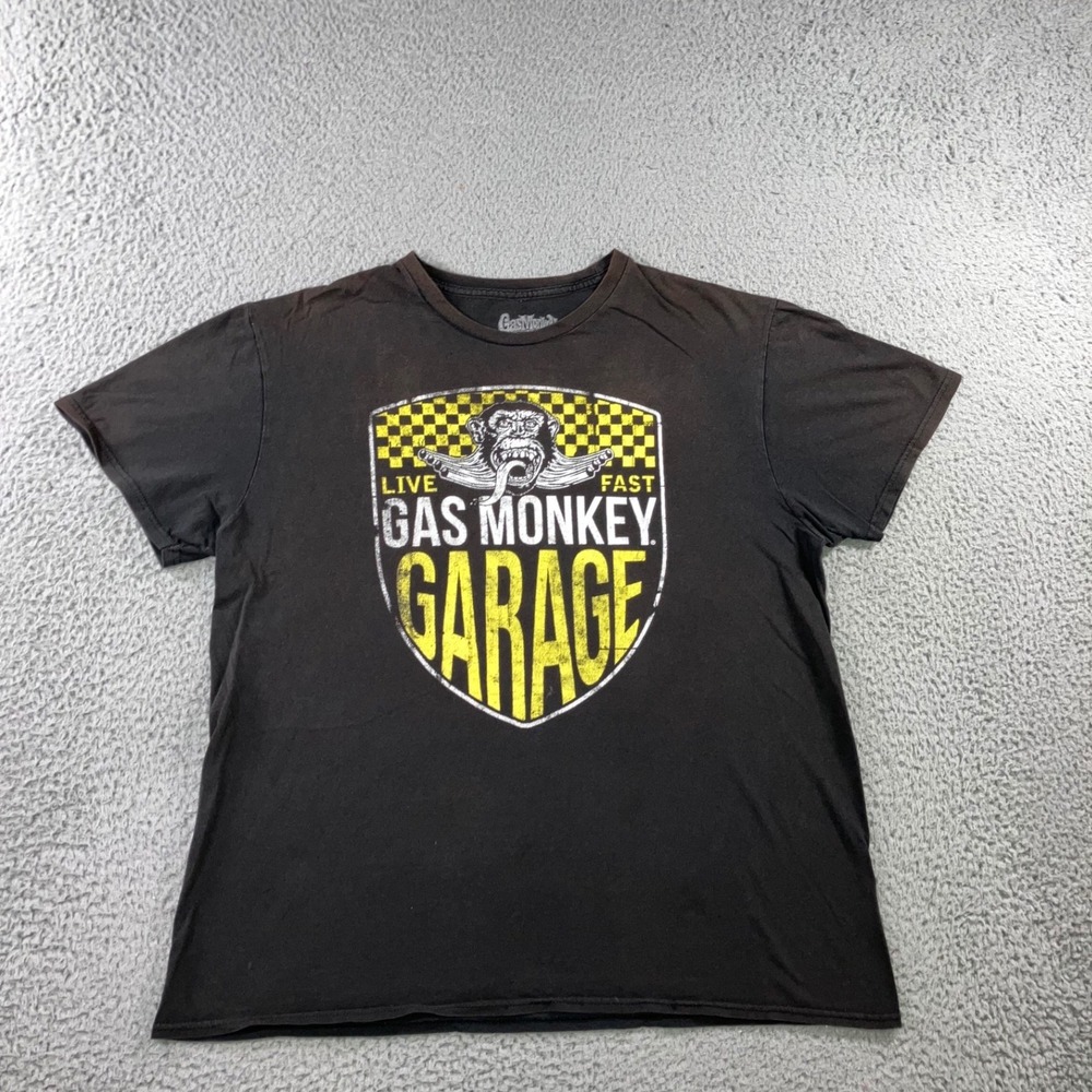 Gas Monkey Garage T Shirt Mens L Black Sun Faded Thrashed Distressed Shield Tee